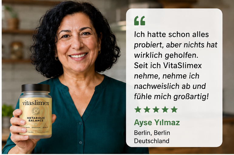Ayse Yılmaz aus Berlin mit Vitaslimex: „Ich hatte schon alles probiert, aber nichts hat wirklich geholfen. Seit ich VitaSlimex nehme, nehme ich nachweislich ab und fühle mich großartig!“