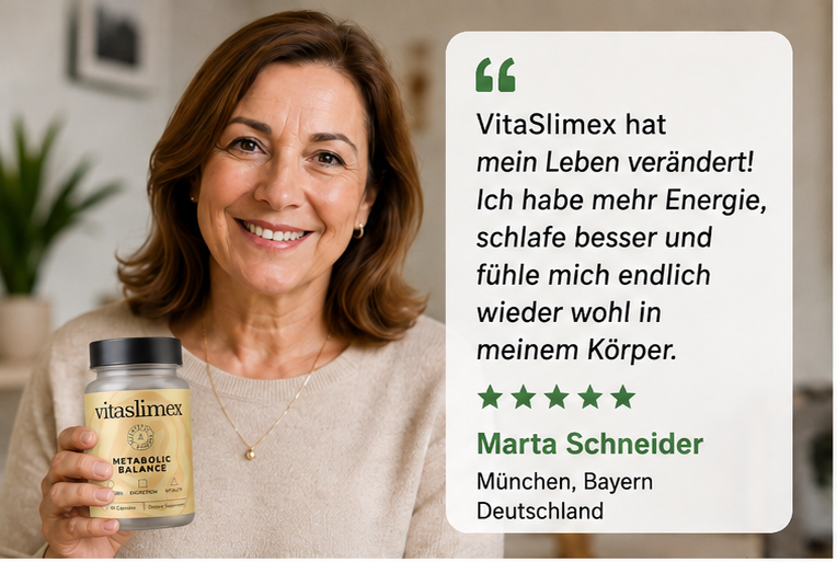 Marta Schneider aus München mit Vitaslimex: „VitaSlimex hat mein Leben verändert! Ich habe mehr Energie, schlafe besser und fühle mich endlich wieder wohl in meinem Körper.“